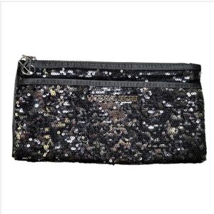SALE Victoria's Secret Black & Silver Sequin Clutch Evening Party Glam Zip Top